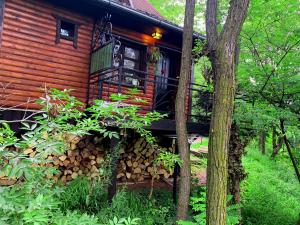 a log cabin with a porch and a bunch of logs at Brvnare Platan - oaza prirode in Vrdnik