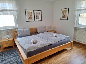 a bedroom with a large bed with two pillows on it at Villa Feyen in Trier in Trier