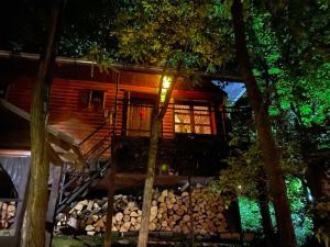 a cabin in the woods with a pile of logs at Brvnare Platan - oaza prirode in Vrdnik