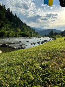 Un río con rocas en medio de un campo en River House, en Yaremche