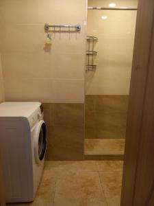 a bathroom with a washing machine and a shower at Elos-Home in Tbilisi City