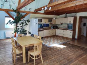 een keuken met een tafel en stoelen in een kamer bij Penzion U Lucerny in Jindrichuv Hradec