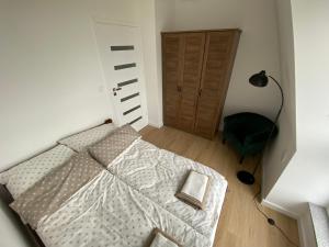 1 dormitorio con cama, lámpara y puerta en Apartament Zielony Widok, en Pruszcz Gdański