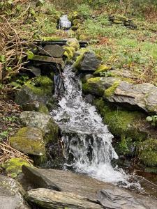 un pequeño arroyo de agua en un jardín de rocas en Maes Y Neuadd, en Talsarnau