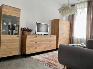 uma sala de estar com televisão numa cómoda de madeira em Apartment Center Zilina near Train and Bus station em Žilina