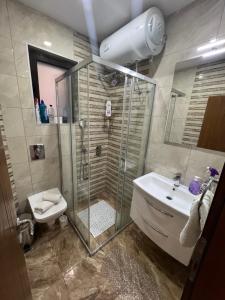 a bathroom with a shower and a toilet and a sink at City Heart Apartments in Ulcinj