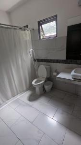 a bathroom with a toilet and a sink and a window at Casa Elena in Antigua Guatemala