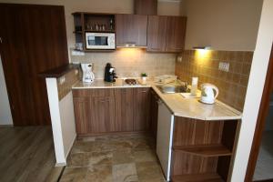 a small kitchen with wooden cabinets and a counter top at Gellény Lux Apartman in Gyula