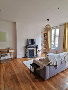 - un salon avec un canapé et une cheminée dans l'établissement Magnifique Appartement - Driant, à Troyes