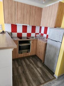 een keuken met een roestvrijstalen koelkast en houten kasten bij Svitene apartmets in Svitene