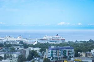 vistas a una ciudad con un crucero en el agua en Revalia Fahle Airport Bus-Station Apartments with Best views, en Tallin