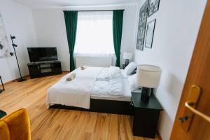 1 dormitorio con 1 cama, TV y ventana en Apartamenty Krzywa, en Krosno