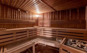 una sauna vuota con pareti in legno e pavimenti in parquet di Hotel Solina Resort & Spa a Solina