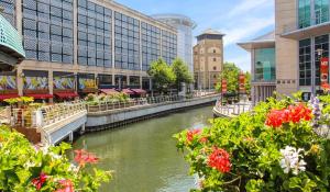 um rio numa cidade com edifícios e flores em Reading 2-Bed Apartment & Parking em Reading