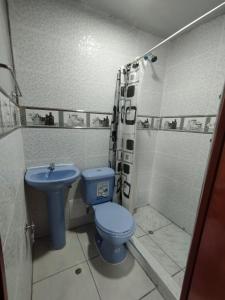 a bathroom with a blue toilet and a shower at Inti Ut'ha in Puno