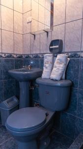 a bathroom with a blue toilet and a sink at Rama Inn Hostal in Puno