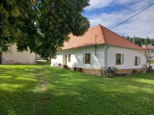 una casa bianca con un albero e un cortile di apartmán U dědy Lubina a Lultsch