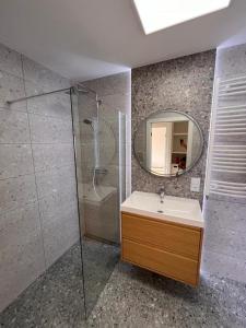 y baño con ducha, lavabo y espejo. en Apartament Avalon SPA Dziwnów - basen sauna fitness, en Dziwnów