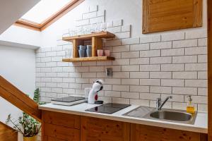 een keuken met een wastafel en een witte bakstenen muur bij Apartmány Nad Pivovarem in Havířov