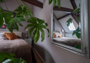 a mirror in a bedroom with two beds and a plant at B&B De zilveren reiger in Middelburg