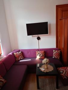 a purple couch in a living room with a tv at Apartment and rooms"Tabašnice"Tuzla centar in Tuzla