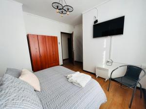 um quarto com uma cama com uma cadeira e uma televisão de ecrã plano em Nomada 870 Hotel Work em Osorno