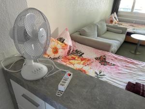 een witte ventilator op een aanrecht in een kamer bij HANNA Apartment in Interlaken