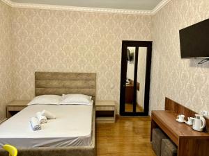 una camera con letto, TV e specchio di Styopa Hotel a Yerevan