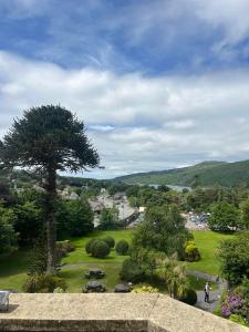 - une vue sur un parc avec un arbre et une ville dans l'établissement Royal Victoria Hotel Snowdonia, à Llanberis