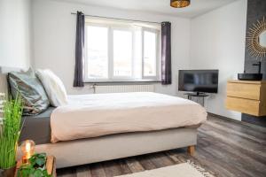 a bedroom with a bed and a tv and a window at Pintxos in Malmedy