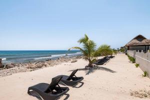 uma fila de espreguiçadeiras numa praia em Villas Najo' Isla Mujeres. em Ilha das Mulheres