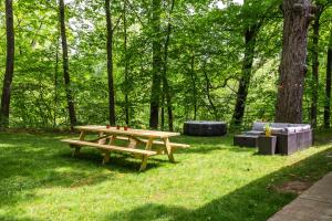 uma mesa de piquenique e um sofá num parque em Unique! Retro 1950's wooded retreat near Indiana Dunes National Park em Chesterton