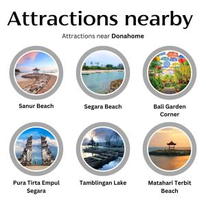 a collage of pictures of the attractions of different cities at Donahome in Sanur