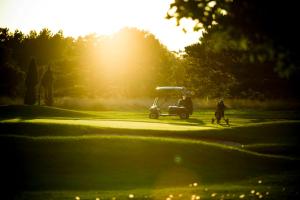 un golf cart è parcheggiato su un campo da golf di Villa Copa am See a Göhren-Lebbin