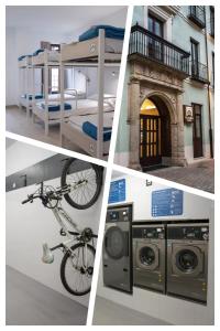 un collage de cuatro fotos con una cama y una bicicleta en PALACIO REAL HOSTEL, en León