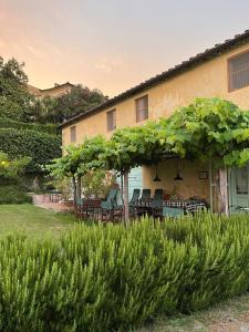 uma casa com uma pérgola e cadeiras num quintal em Azienda Agricola Fabbrica Di San Martino em Lucca