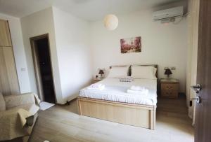 een slaapkamer met een bed en een stoel erin bij Panoramic Vlachos in Gjirokastër