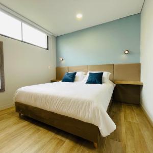 a bedroom with a large bed with blue pillows at Apartamento Entero en Pinares Pereira in Pereira