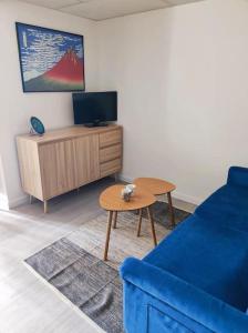 a living room with a blue couch and a table at Le Dragon - Appartement centre, Piscine partagée, Wifi, Jardin, Gare à 500m in Niort