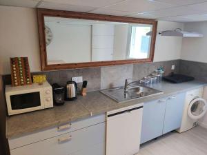 a kitchen with a sink and a microwave at Le Dragon - Appartement centre, Piscine partagée, Wifi, Jardin, Gare à 500m in Niort