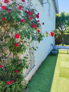 a garden with red roses on a wall with a bench at Le Dragon - Appartement centre, Piscine partagée, Wifi, Jardin, Gare à 500m in Niort