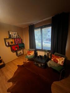 a living room with a couch and a window at Business and getaway in Jelgava