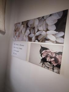 two photographs of flowers are hanging on a wall at Schwarzwaldpanorama Doppelzimmer-WC in Ettlingen