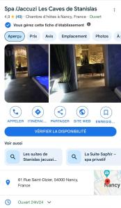 ein Screenshot eines Handys eines Zimmers in der Unterkunft jaccuzi & spa des caves Stanislas in Nancy