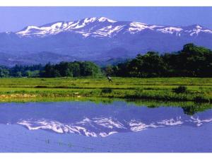 a mountain reflecting in the water with a horse in a field at Shinyu Onsen Kurikomaso - Vacation STAY 04615v in Kurihara