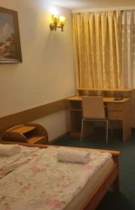 ein Hotelzimmer mit einem Bett, einem Schreibtisch und einem Schreibtisch in der Unterkunft Noclegi in Siestrzeń