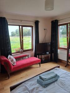 - une chambre avec un lit, un canapé rouge et des fenêtres dans l'établissement Beachmount house, à Cork