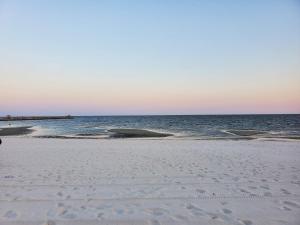 een strand met voetafdrukken in het zand en de oceaan bij Courtyard by Marriott Gulfport Beachfront in Gulfport