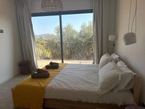 1 dormitorio con 1 cama grande y ventana grande en Casaty Mare, en Porto Vecchio