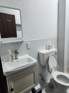 een badkamer met een toilet, een wastafel en een spiegel bij Fugalei Motel in Apia